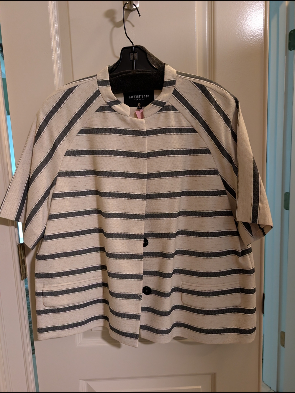 Lafayette 148 New York Womens Cream & Black Striped Short Sleeve Jacket